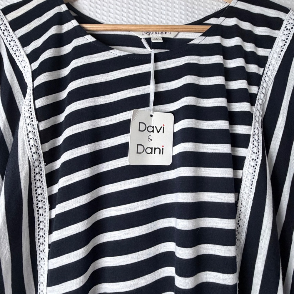 Davi & Dani Dress Women 2XL Navy Blue Striped Lace Trim Relaxed T-Shirt Pockets - Picture 9 of 13